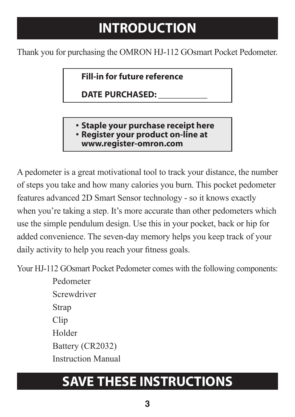 Before using the unit, Introduction, Save these instructions | Omron GO SMART HJ-112 User Manual | Page 3 / 28