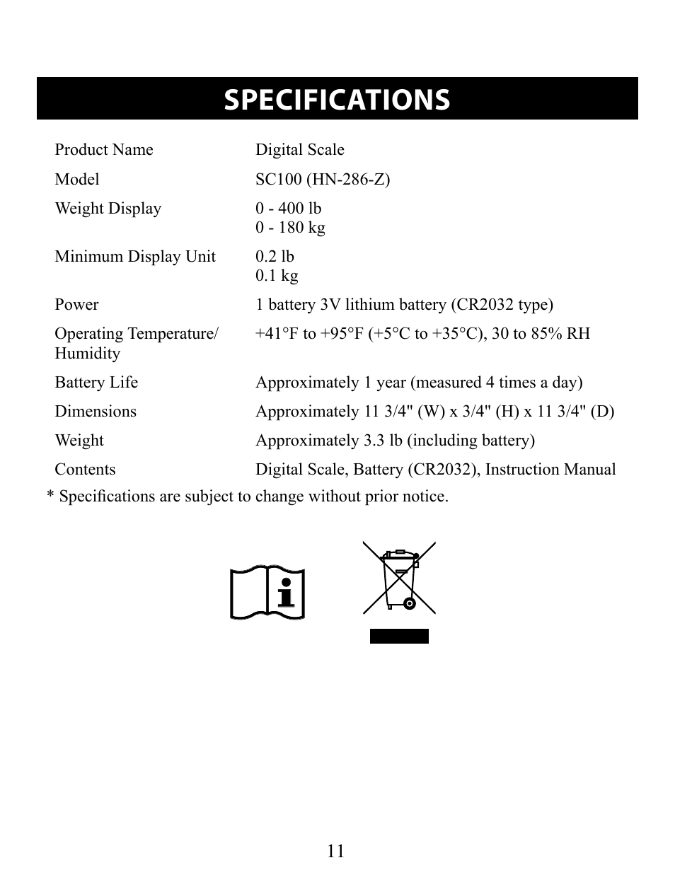 Specifications | Omron SC100 User Manual | Page 11 / 14