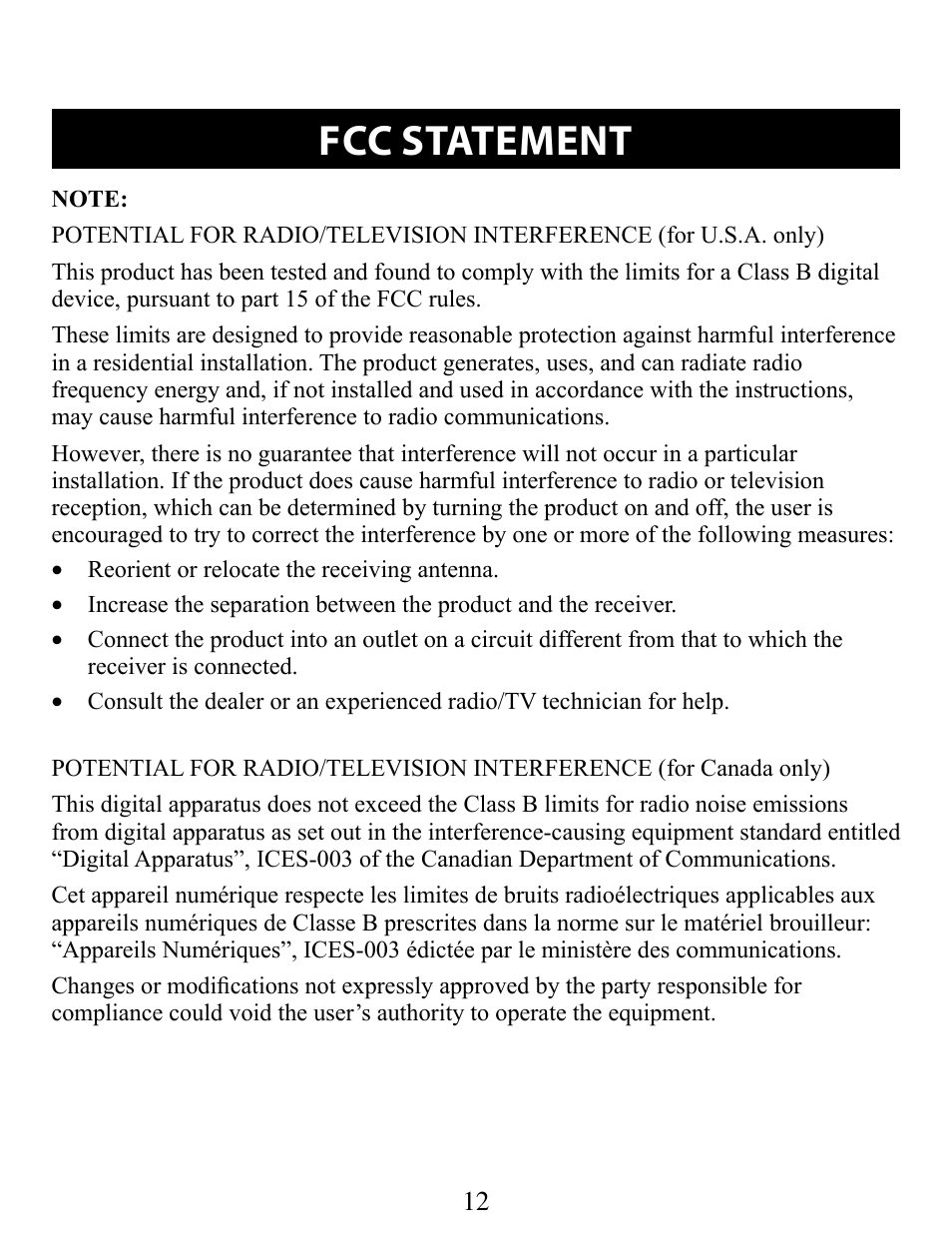 Fcc statement | Omron SC100 User Manual | Page 12 / 14