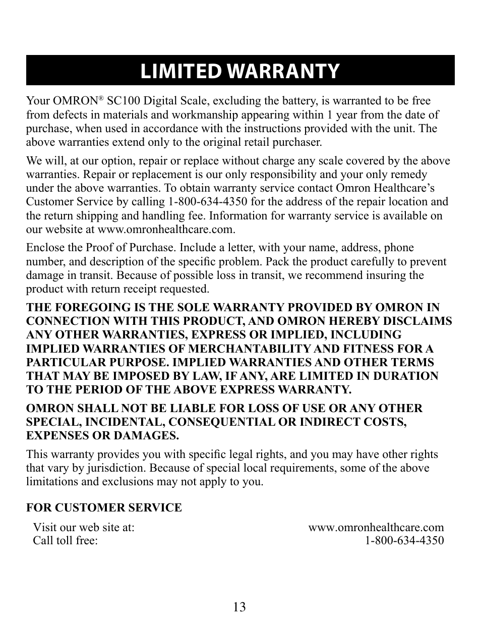 Limited warranty | Omron SC100 User Manual | Page 13 / 14