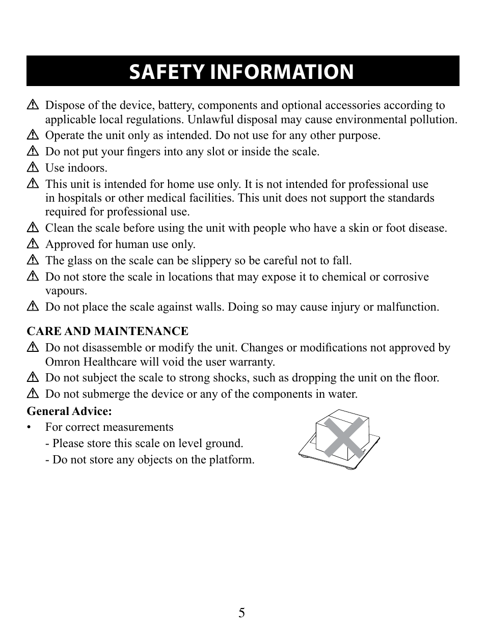 Care and maintenance, Safety information | Omron SC100 User Manual | Page 5 / 14