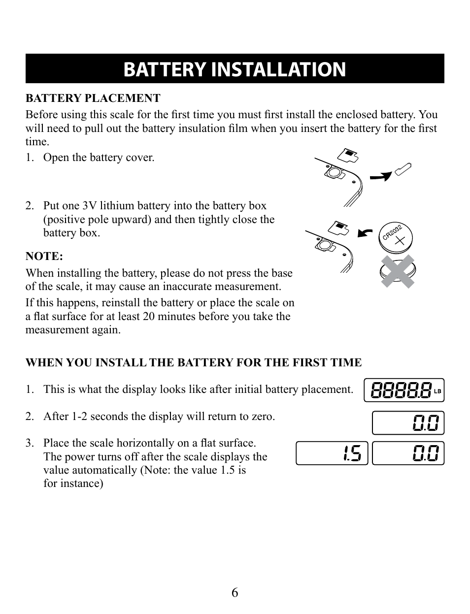 Battery installation, Battery placement, When you install the battery for the first time | Omron SC100 User Manual | Page 6 / 14