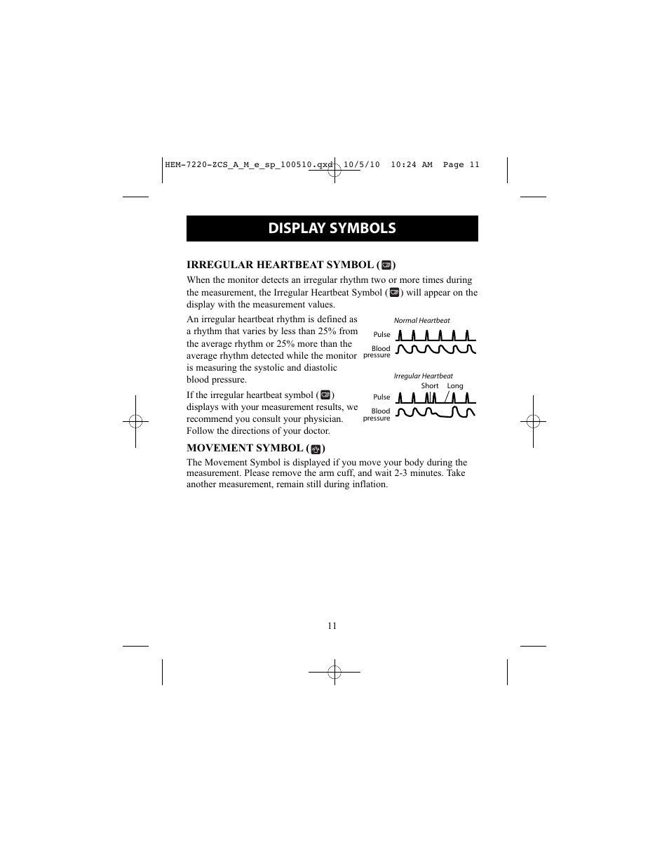 Display symbols, Irregular heartbeat symbol, Movement symbol | Irregular heartbeat symbol movement symbol | Omron BP762 User Manual | Page 11 / 40