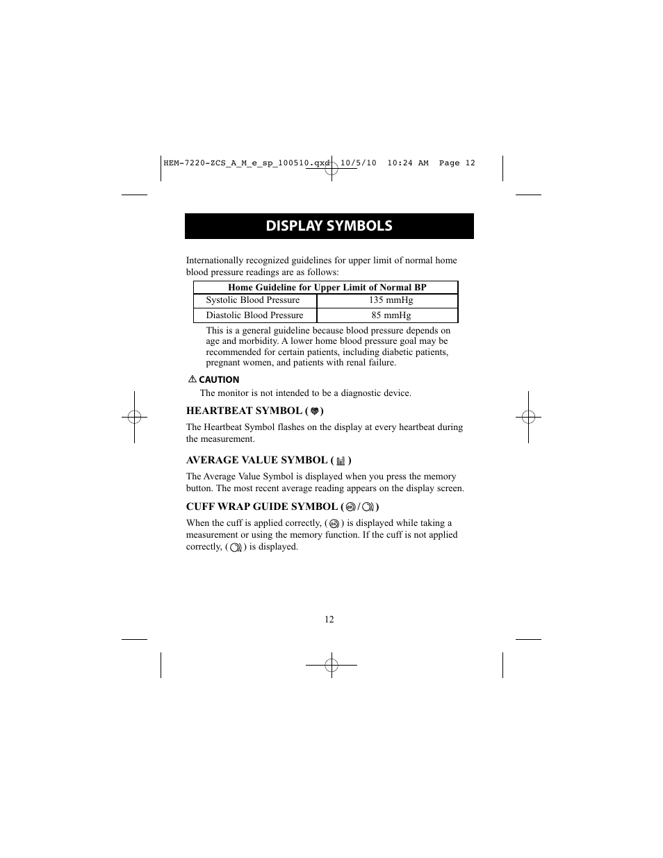 Heartbeat symbol, Average value symbol, Cuffwrap guide symbol | Display symbols | Omron BP762 User Manual | Page 12 / 40