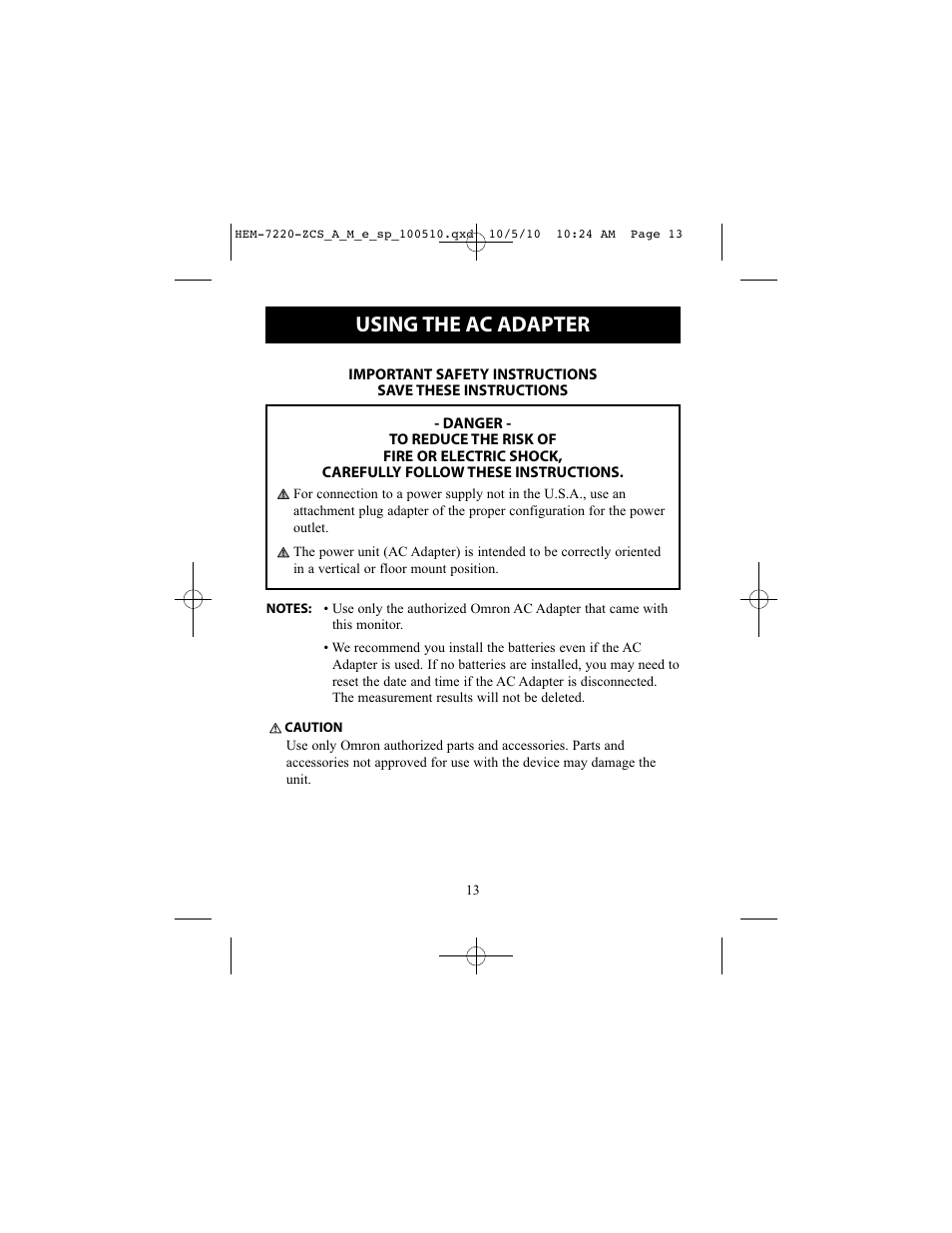 Using the ac adapter | Omron BP762 User Manual | Page 13 / 40