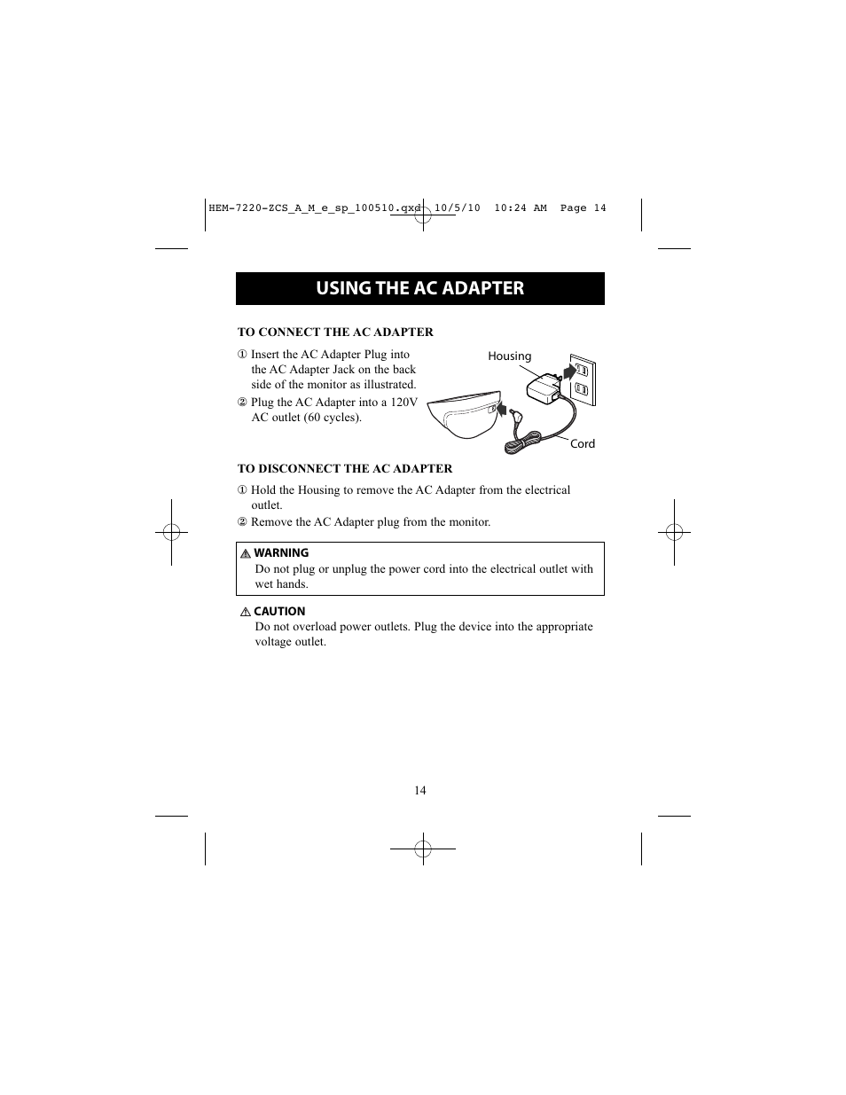 Using the ac adapter | Omron BP762 User Manual | Page 14 / 40