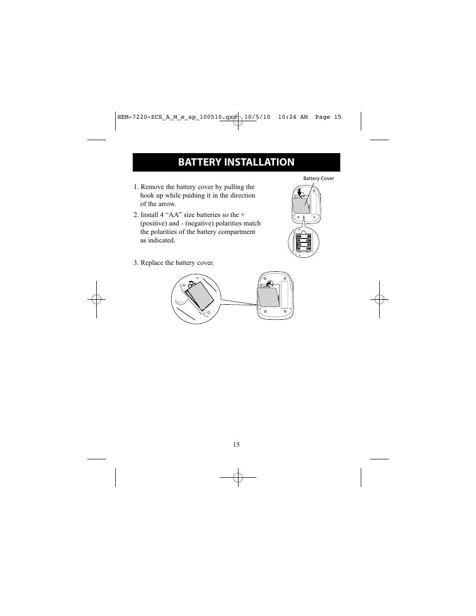 Battery installation | Omron BP762 User Manual | Page 15 / 40