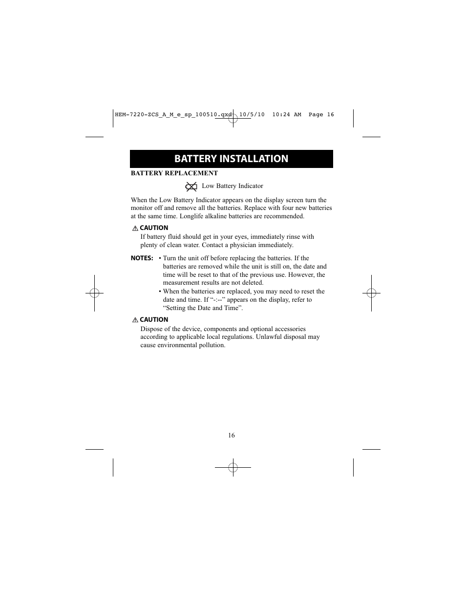 Battery installation | Omron BP762 User Manual | Page 16 / 40