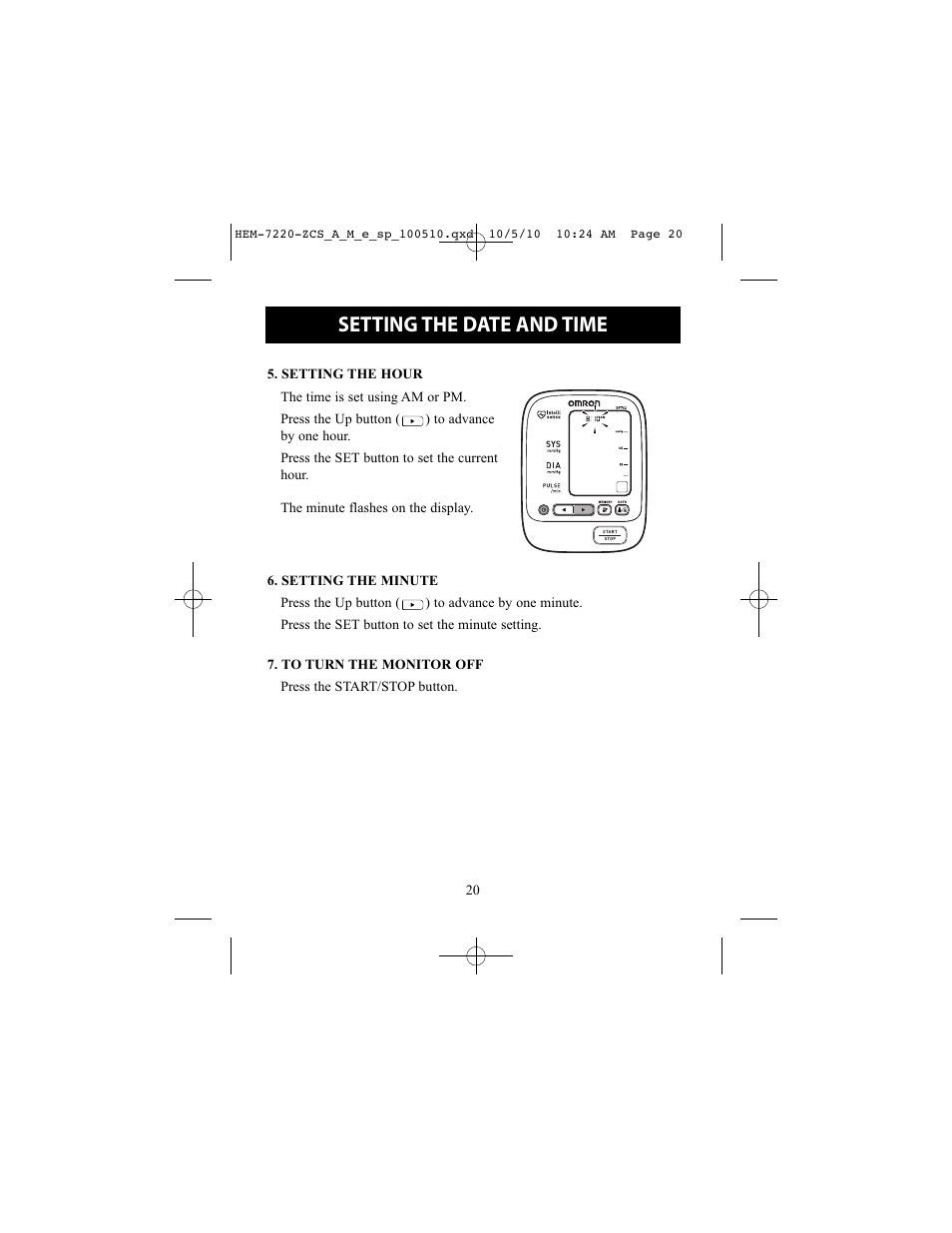 Setting the date and time | Omron BP762 User Manual | Page 20 / 40
