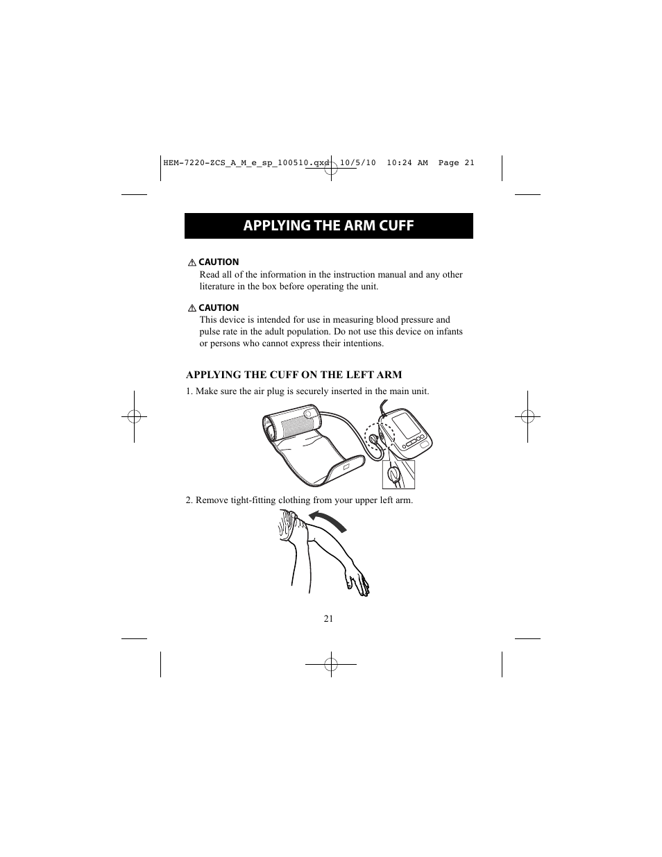 Applying the arm cuff | Omron BP762 User Manual | Page 21 / 40