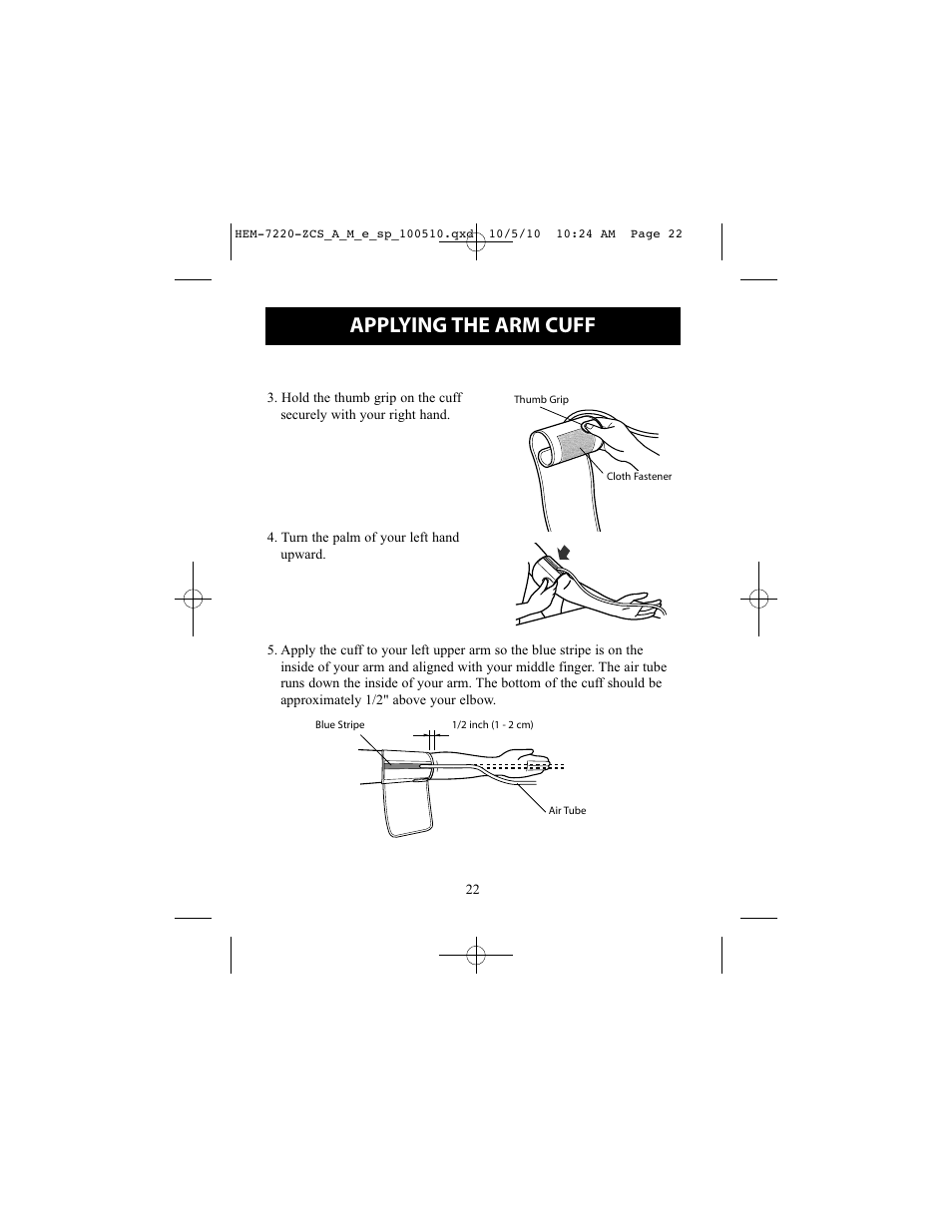Applying the arm cuff | Omron BP762 User Manual | Page 22 / 40