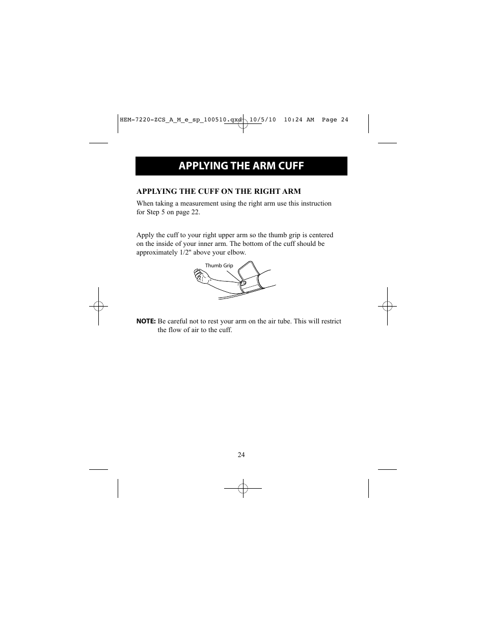Applying the arm cuff | Omron BP762 User Manual | Page 24 / 40