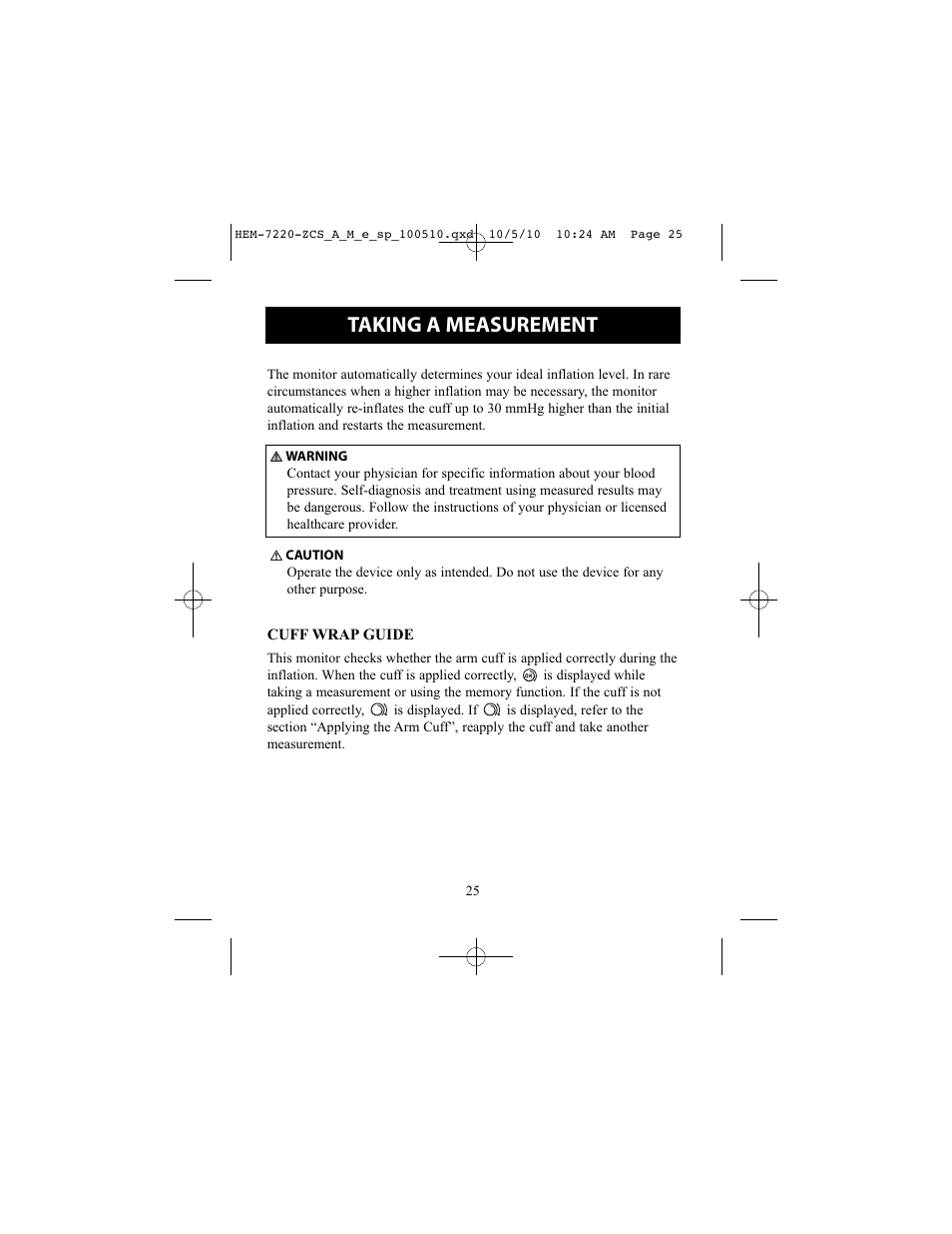 Taking a measurement, Cuffwrap guide, Cuff wrap guide | Omron BP762 User Manual | Page 25 / 40