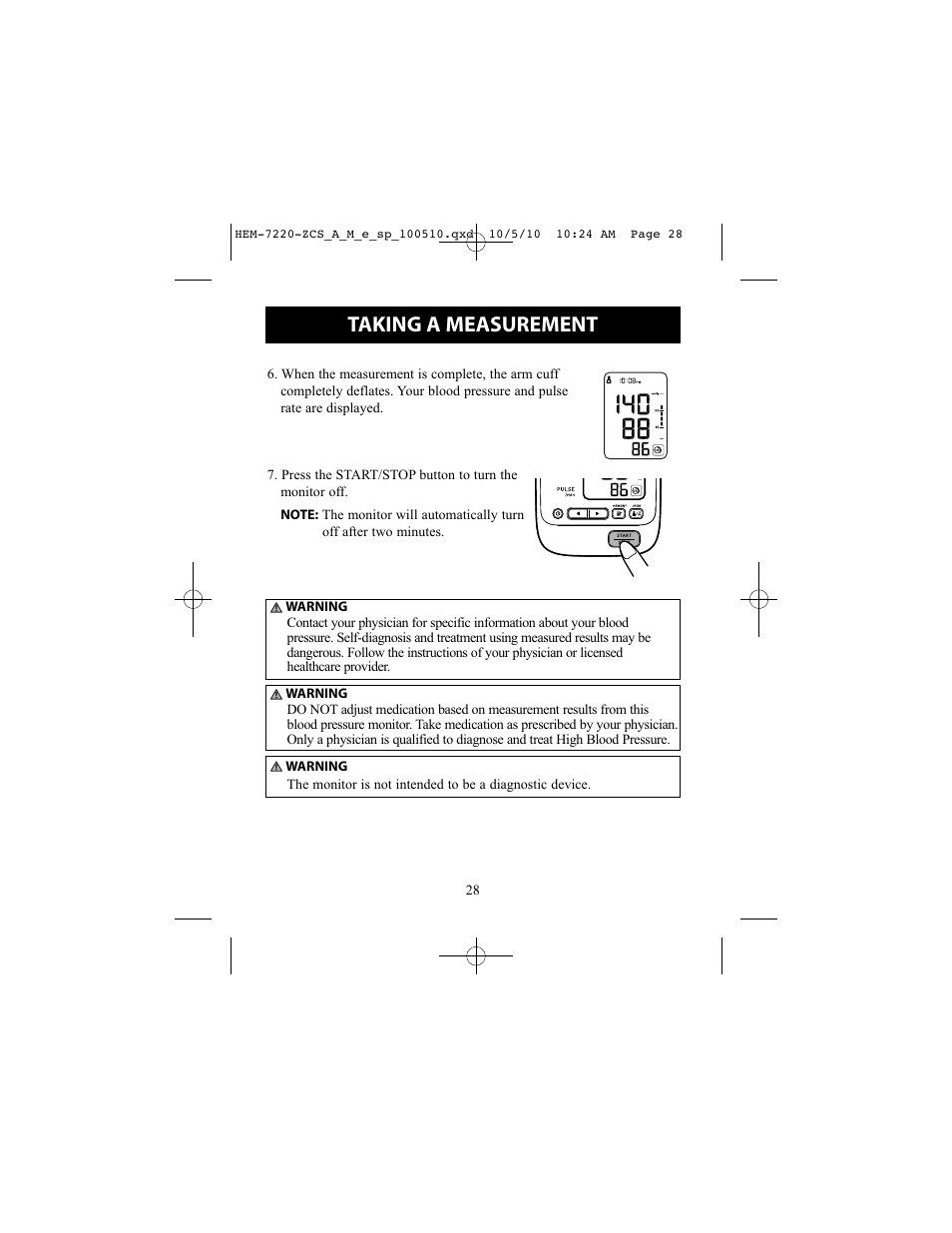 Special conditions, Taking a measurement | Omron BP762 User Manual | Page 28 / 40