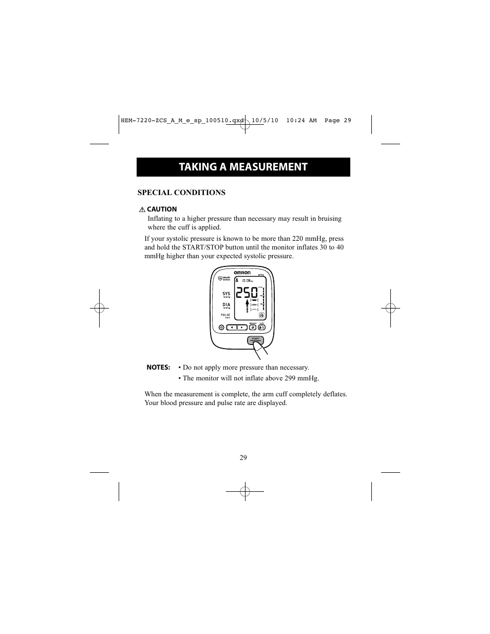 Special conditions, Taking a measurement | Omron BP762 User Manual | Page 29 / 40