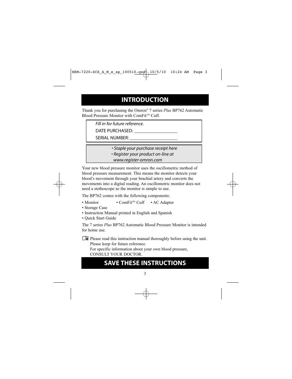 Introduction, Save these instructions | Omron BP762 User Manual | Page 3 / 40