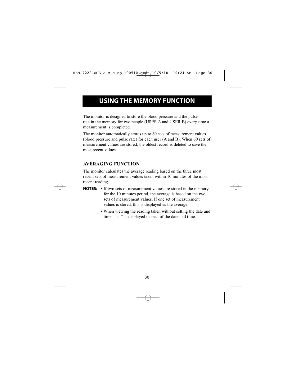 Using the memory function, Averaging function | Omron BP762 User Manual | Page 30 / 40