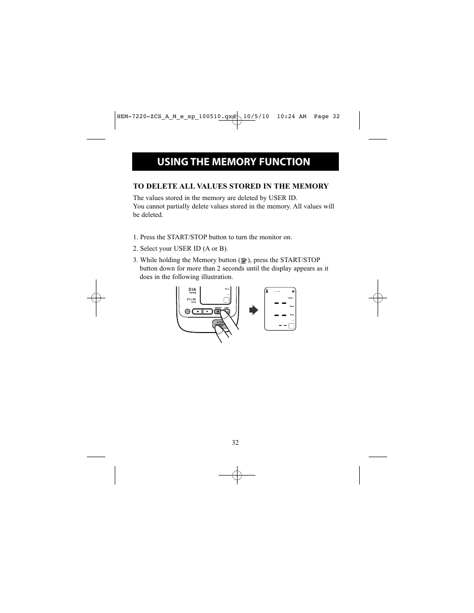 To delete all values stored in the memory | Omron BP762 User Manual | Page 32 / 40