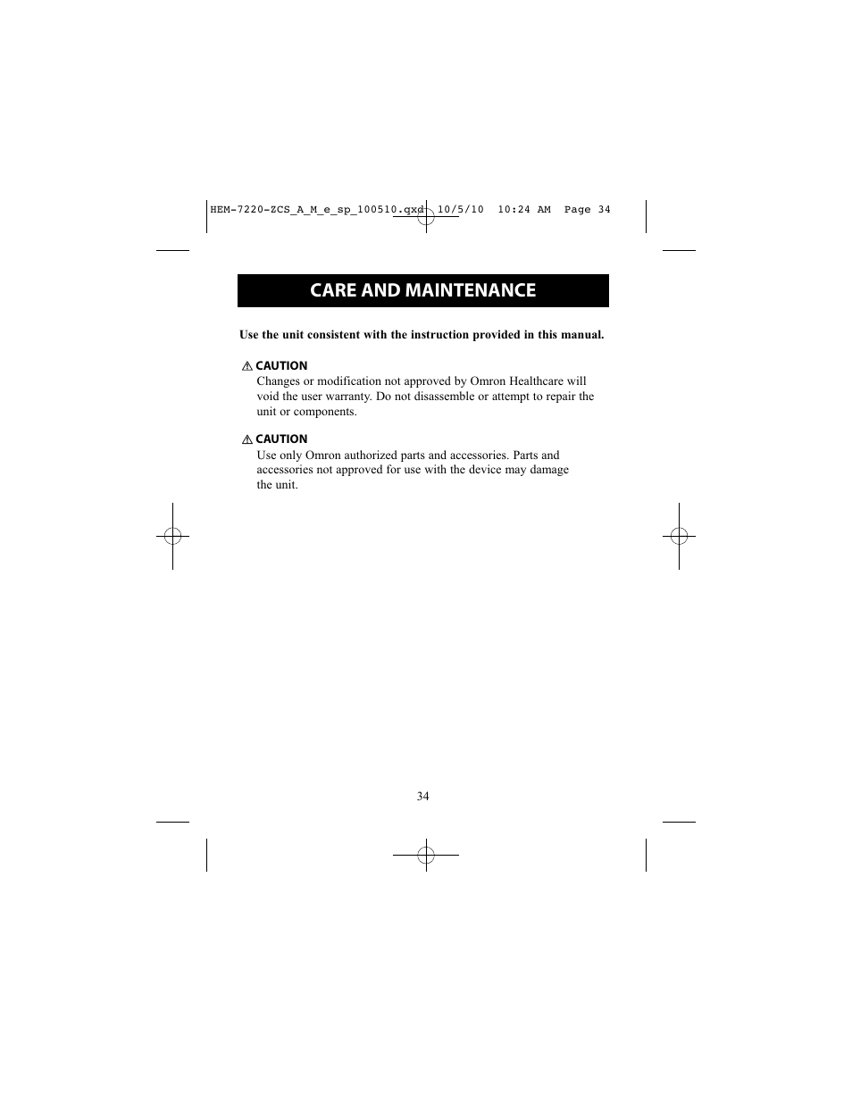Care and maintenance | Omron BP762 User Manual | Page 34 / 40