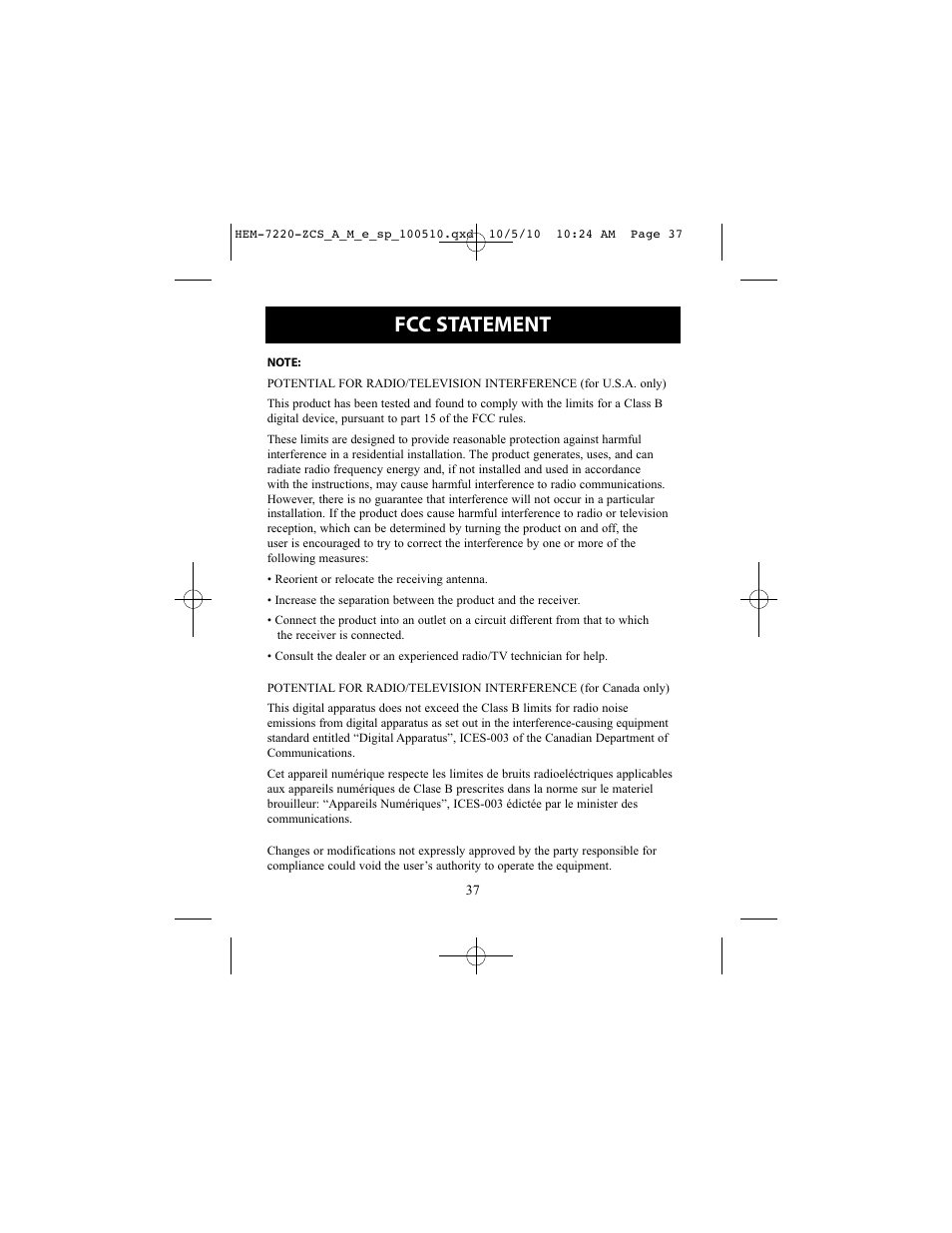 Fcc statement | Omron BP762 User Manual | Page 37 / 40