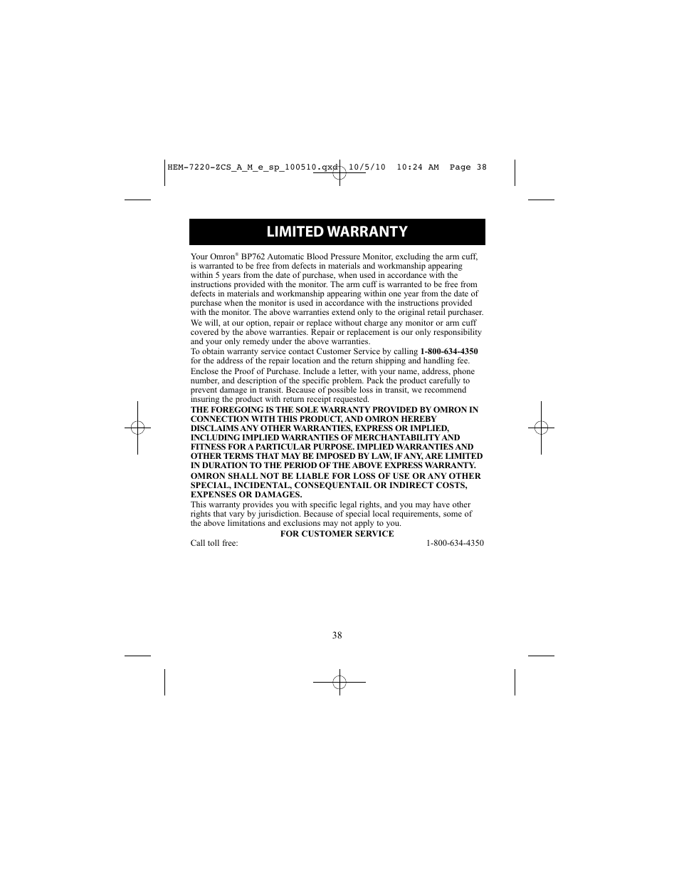 Limited warranty, Contact customer service | Omron BP762 User Manual | Page 38 / 40