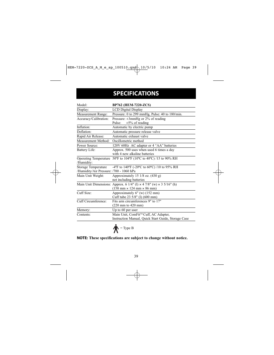 Specifications | Omron BP762 User Manual | Page 39 / 40