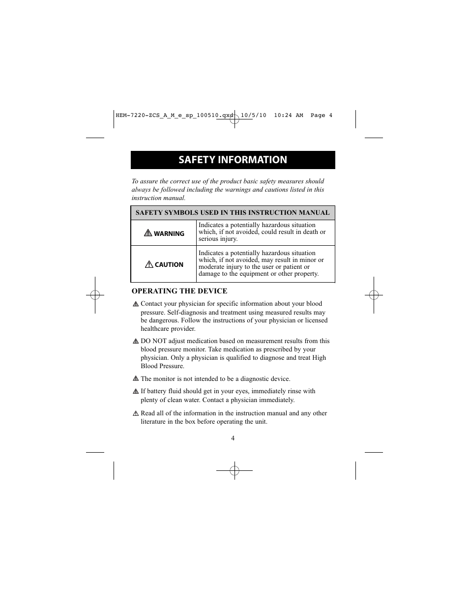 Safety information, Operating the device | Omron BP762 User Manual | Page 4 / 40