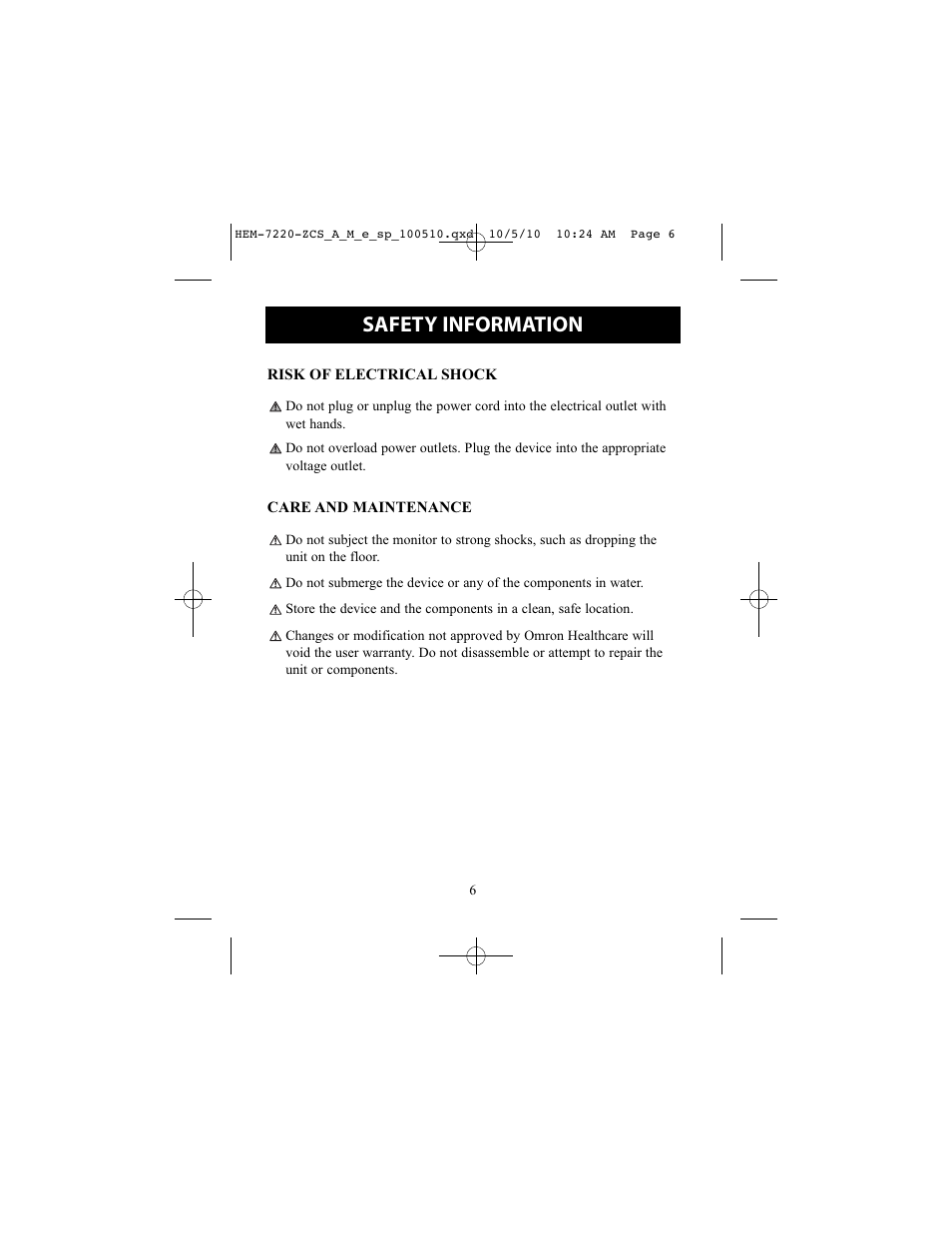 Risk of electrical shock, Care and maintenance, Risk of electrical shock care and maintenance | Safety information | Omron BP762 User Manual | Page 6 / 40