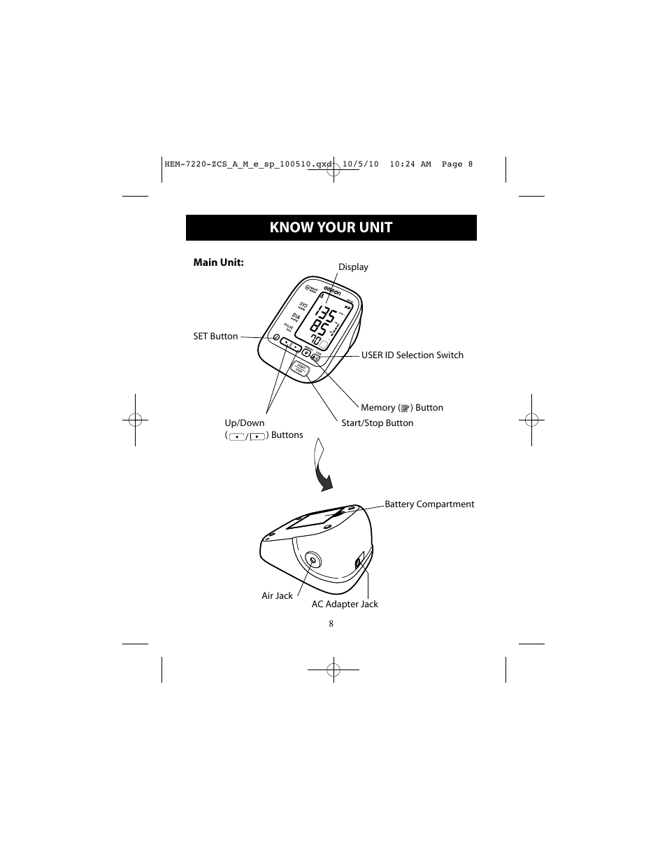 Know your unit | Omron BP762 User Manual | Page 8 / 40