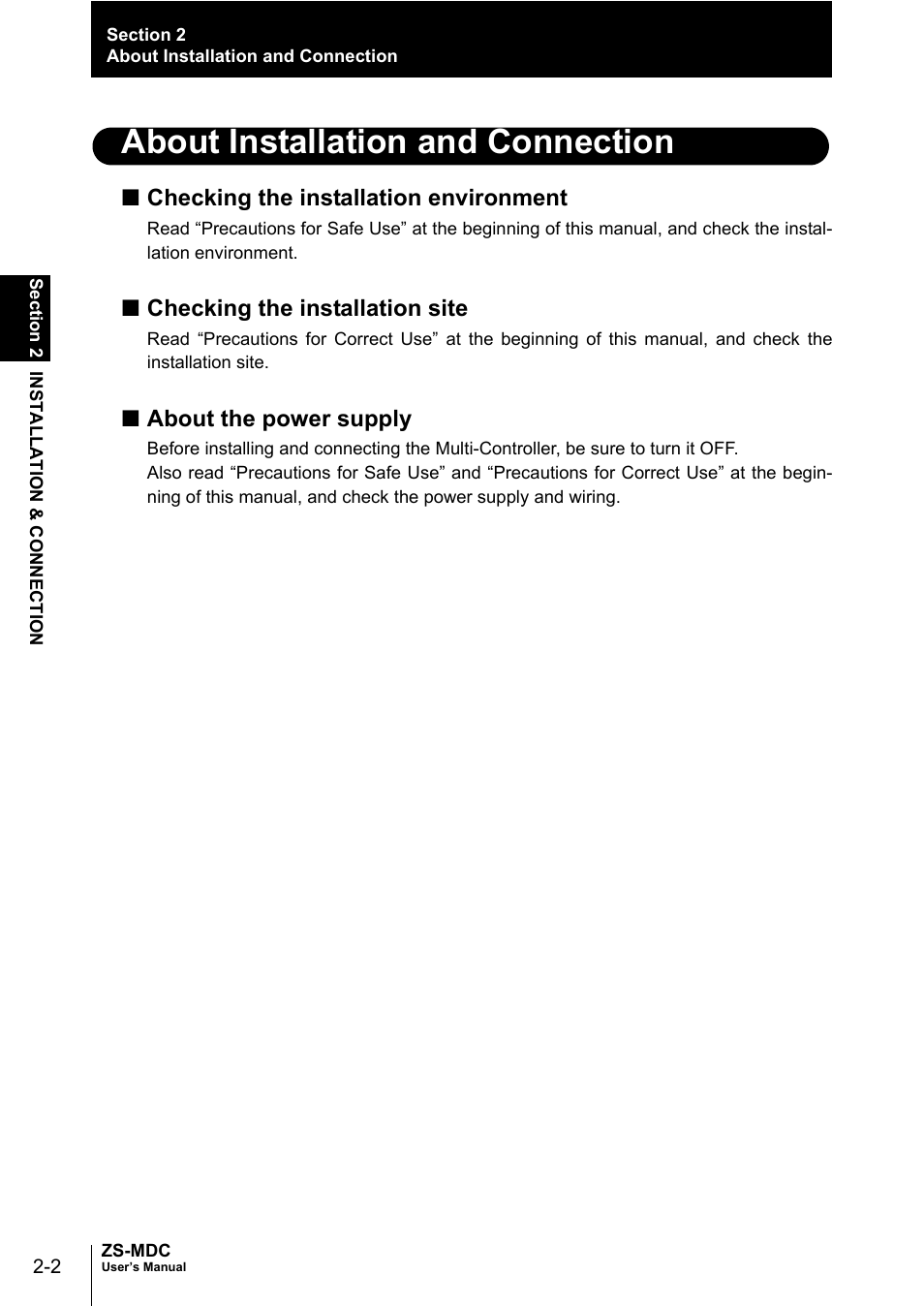 About installation and connection, Checking the installation environment, Checking the installation site | About the power supply | Omron ZS-MDC User Manual | Page 26 / 94