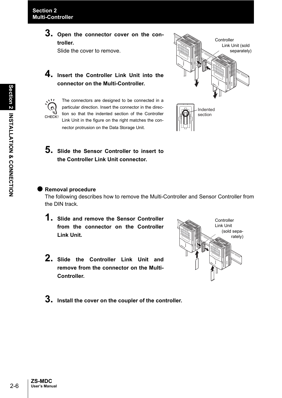 Sect io n 2 insta l lation & conn ection zs-mdc, Install the cover on the coupler of the controller, Controller link unit (sold sepa- rately) | Omron ZS-MDC User Manual | Page 30 / 94