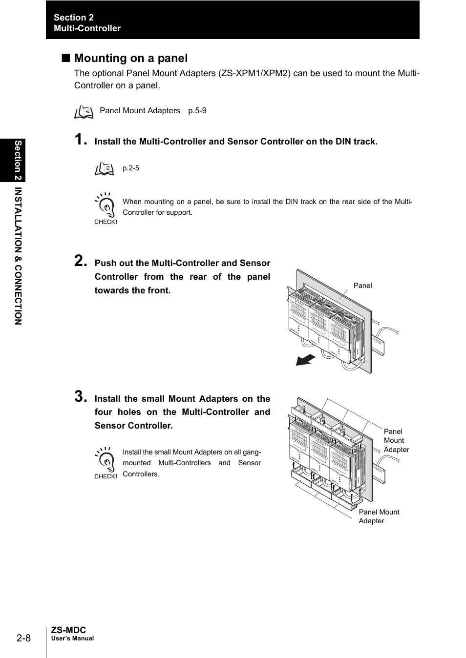 Mounting on a panel, Sect io n 2 insta l lation & conn ection zs-mdc, Panel mount adapters p.5-9 | Panel, Panel mount adapter, User’s manual | Omron ZS-MDC User Manual | Page 32 / 94