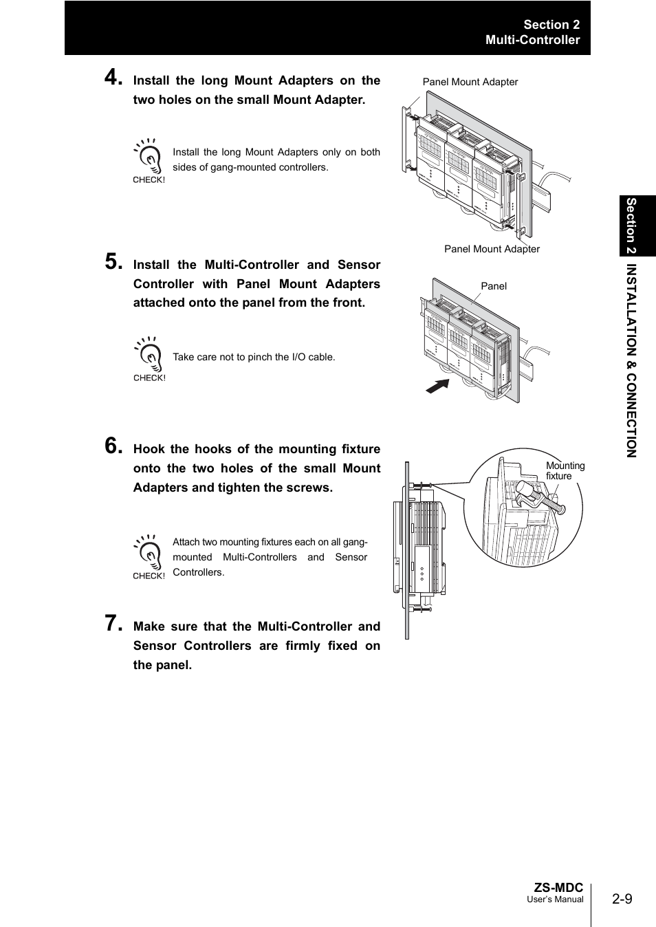 Zs-mdc, Take care not to pinch the i/o cable, Panel mount adapter | Panel mount adapter h, Pl h, Pl panel mounting fixture, User’s manual | Omron ZS-MDC User Manual | Page 33 / 94