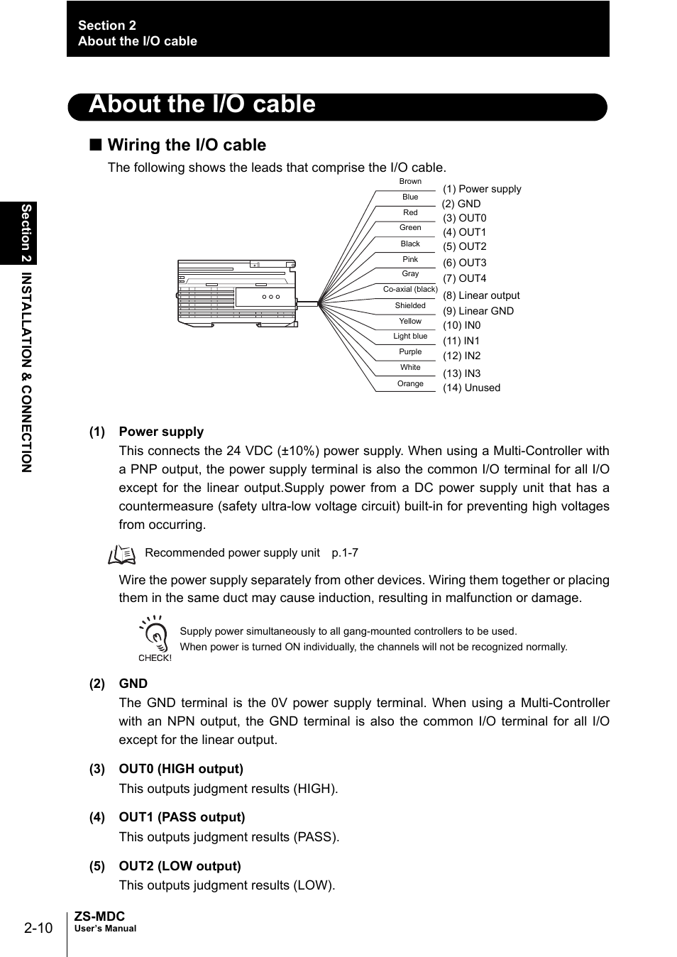 About the i/o cable, Wiring the i/o cable | Omron ZS-MDC User Manual | Page 34 / 94