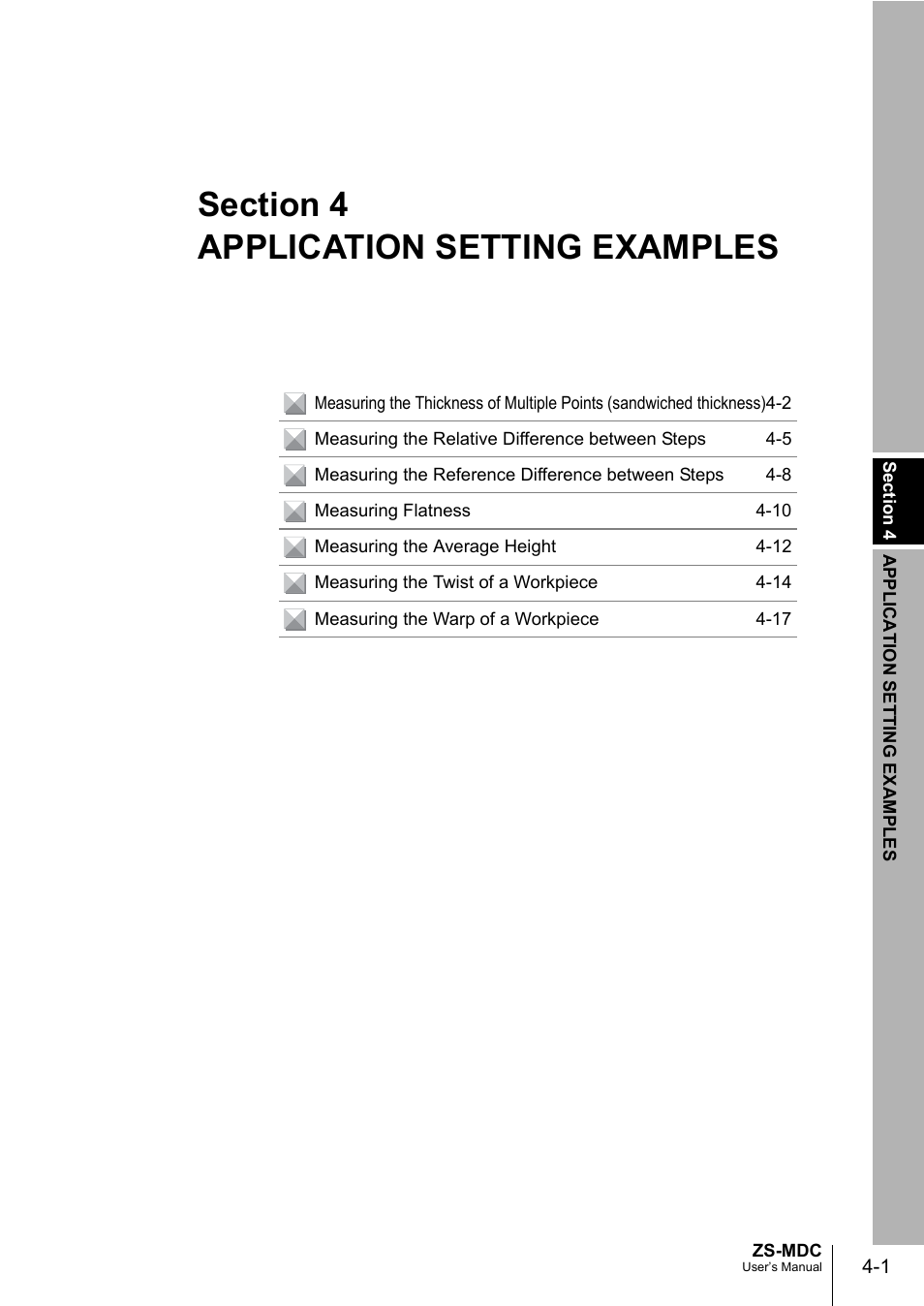 Application setting examples, Section 4 application setting examples | Omron ZS-MDC User Manual | Page 57 / 94