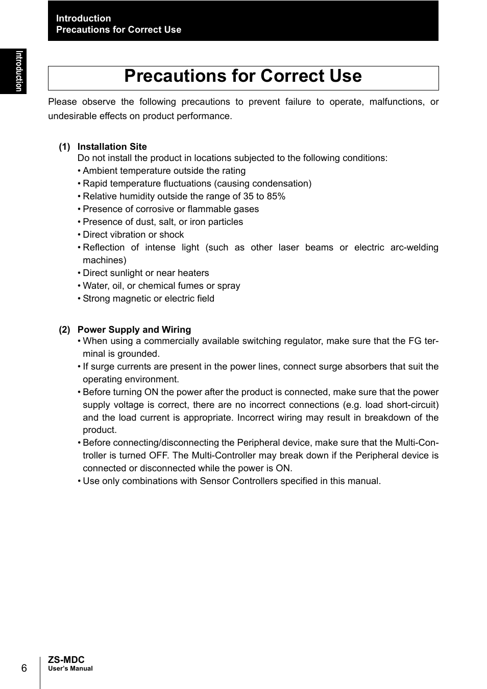 Precautions for correct use | Omron ZS-MDC User Manual | Page 8 / 94