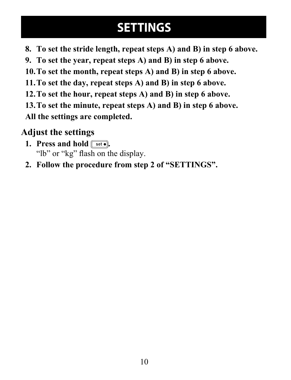 Settings | Omron Pedometer Downloadable HJ-322U User Manual | Page 10 / 28