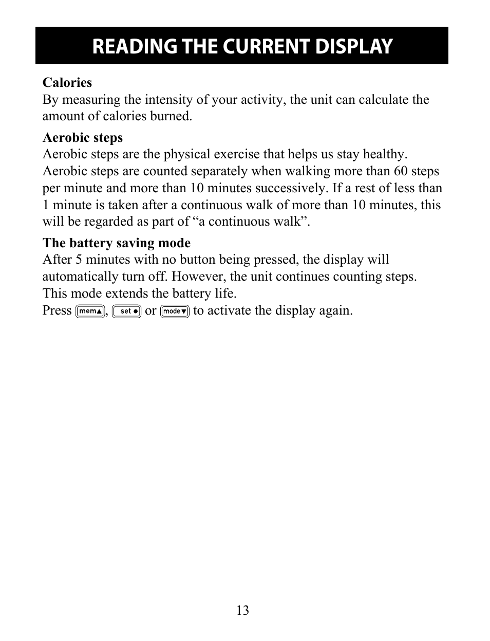 Reading the current display | Omron Pedometer Downloadable HJ-322U User Manual | Page 13 / 28