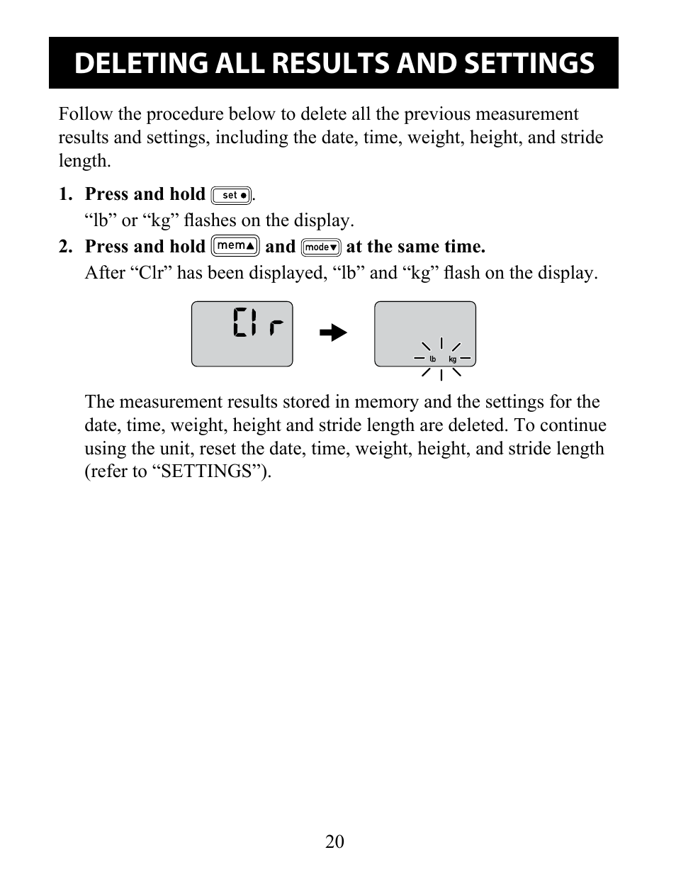 Deleting all results and settings | Omron Pedometer Downloadable HJ-322U User Manual | Page 20 / 28