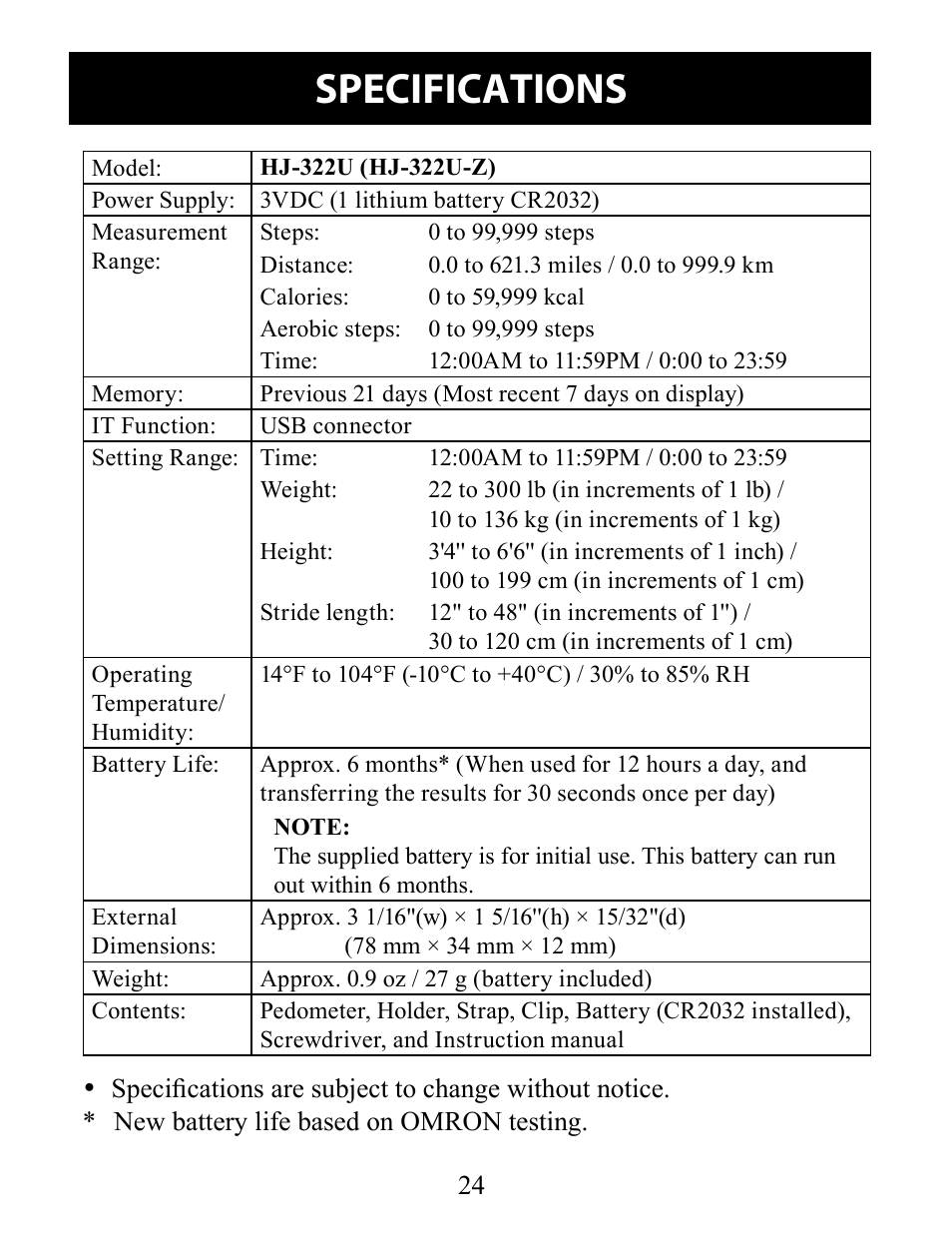 Specifications | Omron Pedometer Downloadable HJ-322U User Manual | Page 24 / 28