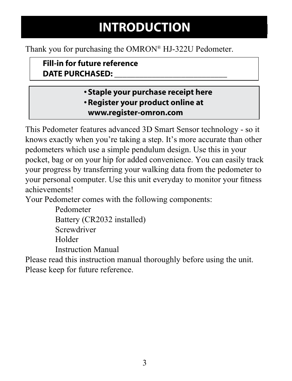 Before using the monitor, Introduction | Omron Pedometer Downloadable HJ-322U User Manual | Page 3 / 28