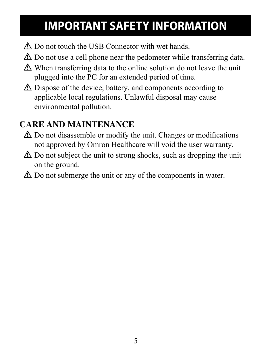 Care and maintenance, Important safety information | Omron Pedometer Downloadable HJ-322U User Manual | Page 5 / 28