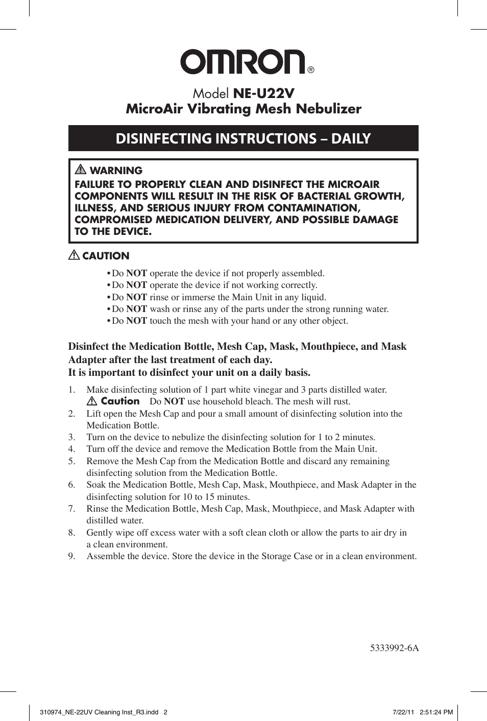 Disinfecting instructions – daily, Model ne-u22v microair vibrating mesh nebulizer | Omron NE-U22V User Manual | Page 2 / 2