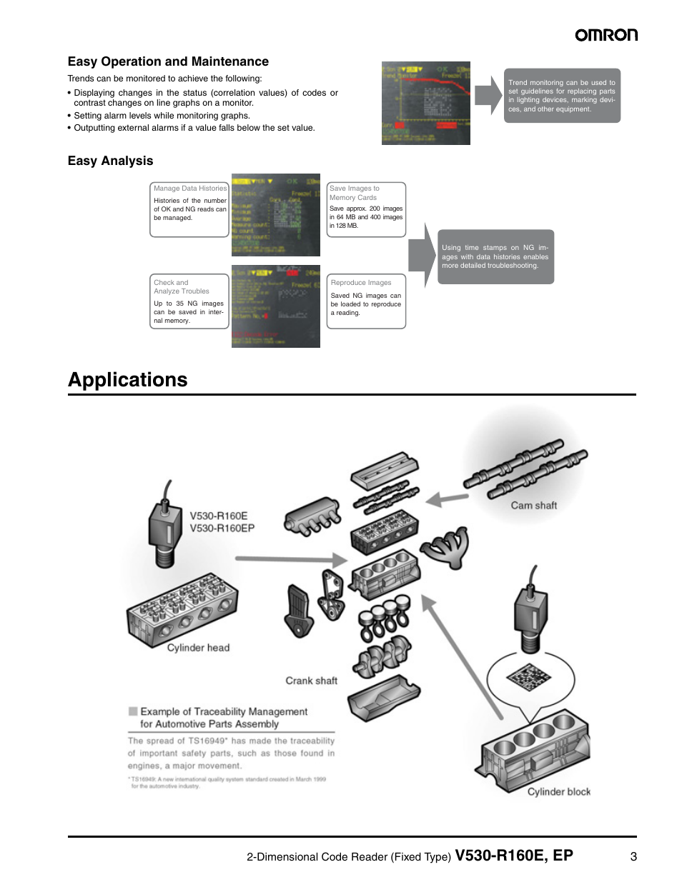 Applications, 3easy operation and maintenance, Easy analysis | Omron V530-R160E User Manual | Page 2 / 7
