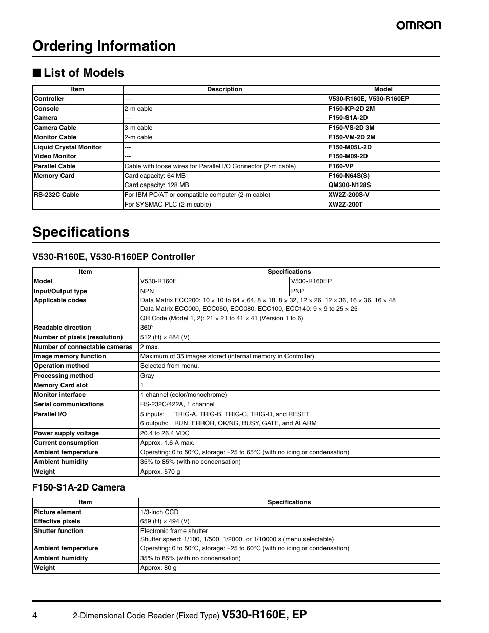 Ordering information, Specifications, List of models | Omron V530-R160E User Manual | Page 3 / 7