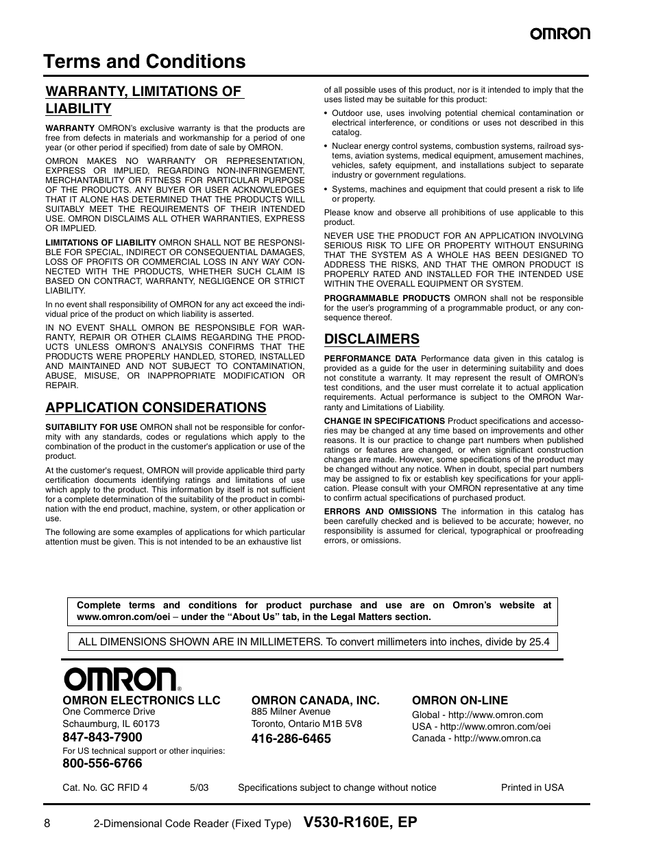 Terms and conditions, Contacting omron, Warranty, limitations of liability | Application considerations, Disclaimers | Omron V530-R160E User Manual | Page 7 / 7