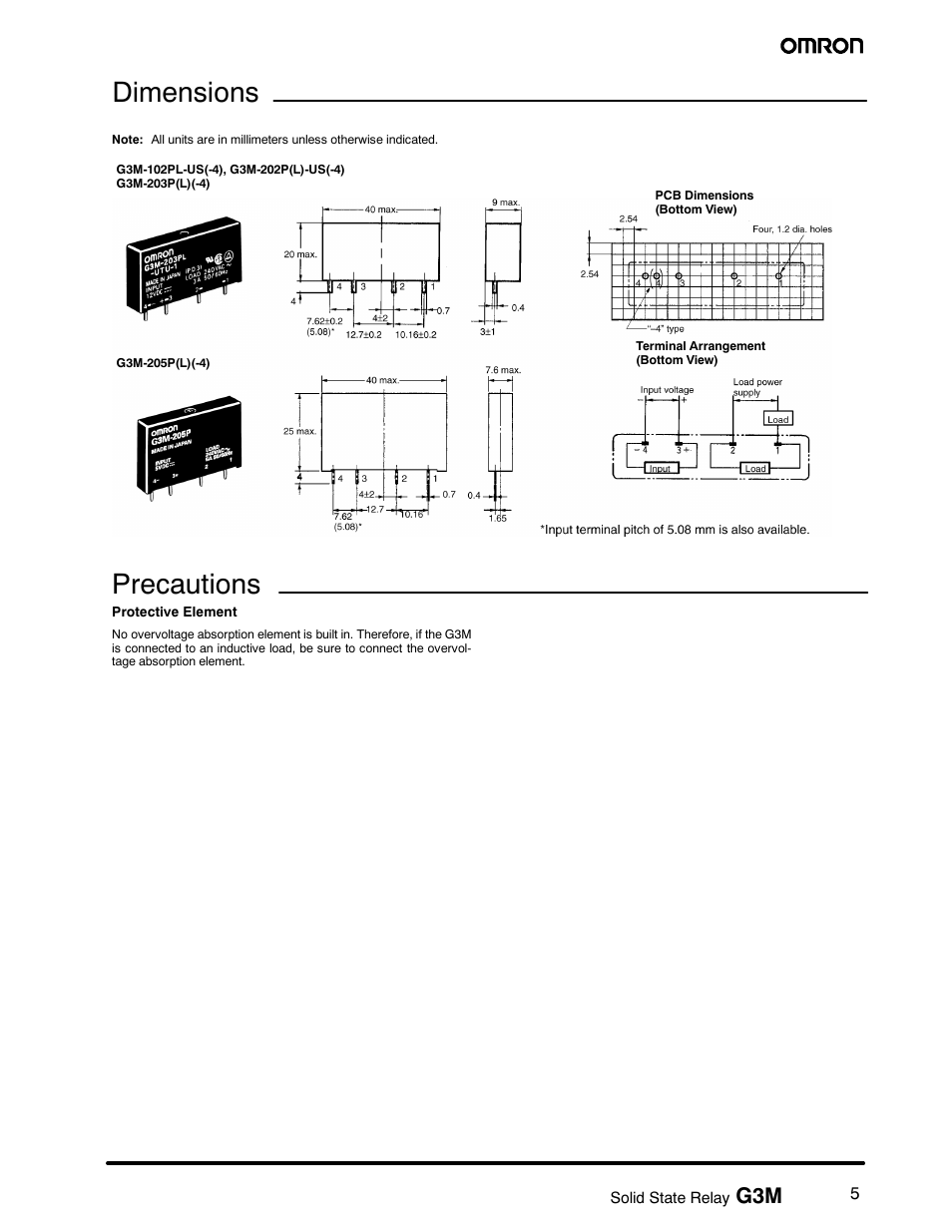 Dimensions, Precautions | Omron G3M User Manual | Page 5 / 8
