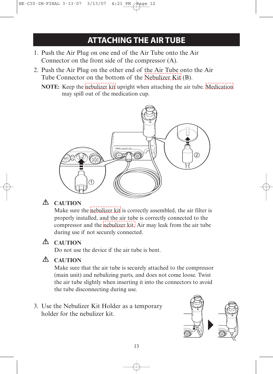 Attaching the air tube | Omron COMPACT COMPRESSOR NEBULIZER NE-C30 User Manual | Page 13 / 84