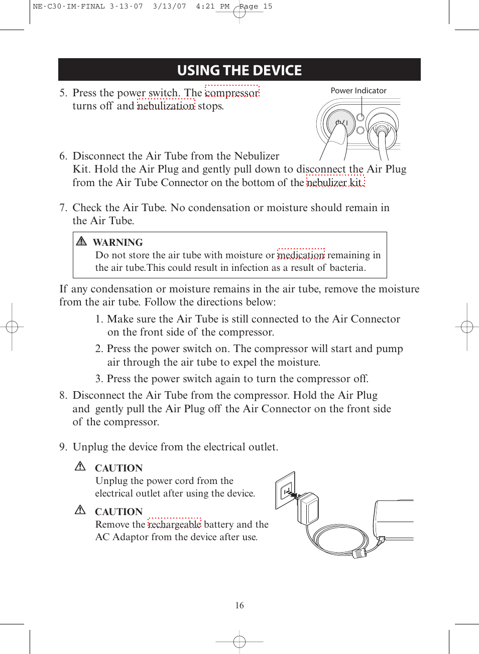 Using the device | Omron COMPACT COMPRESSOR NEBULIZER NE-C30 User Manual | Page 16 / 84
