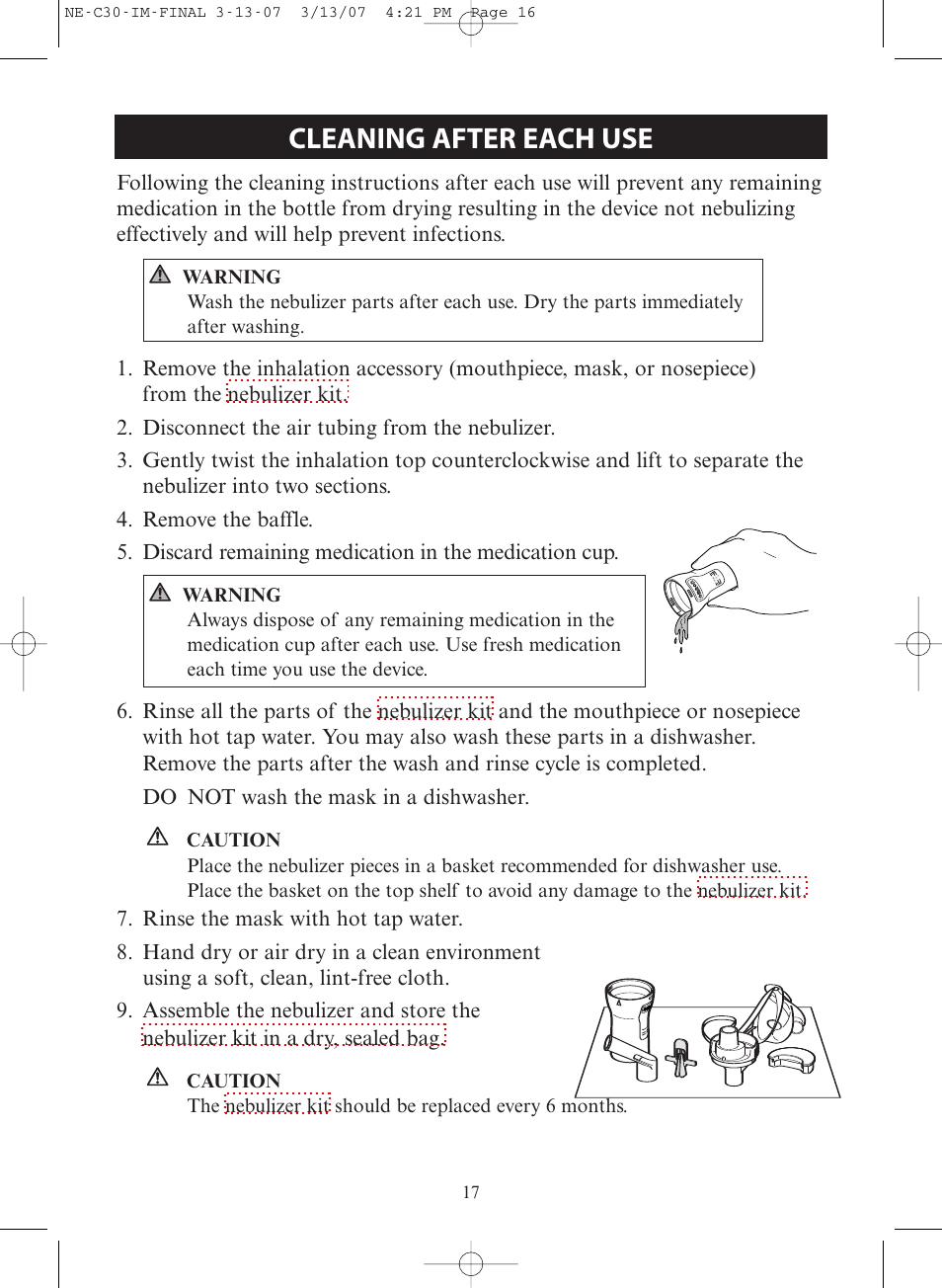 Care and maintenance, Cleaning after each use | Omron COMPACT COMPRESSOR NEBULIZER NE-C30 User Manual | Page 17 / 84